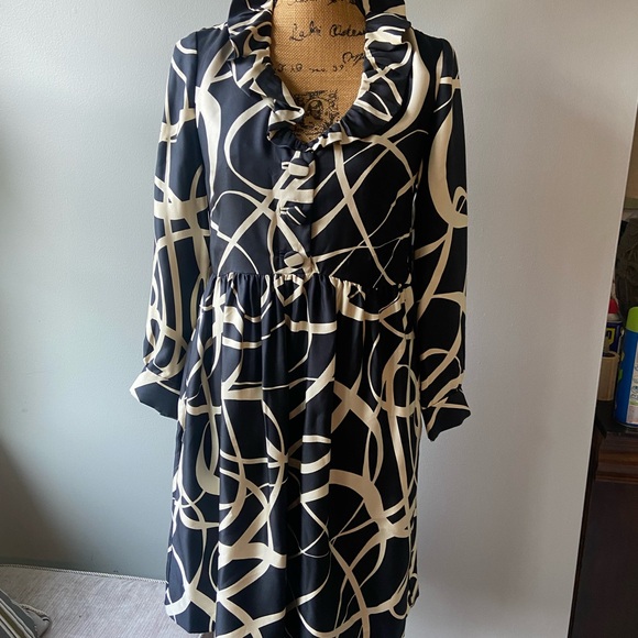 J Crew Sz 4 Black & Cream Silk Abstract Ruffle Collar Dress - Picture 9 of 16